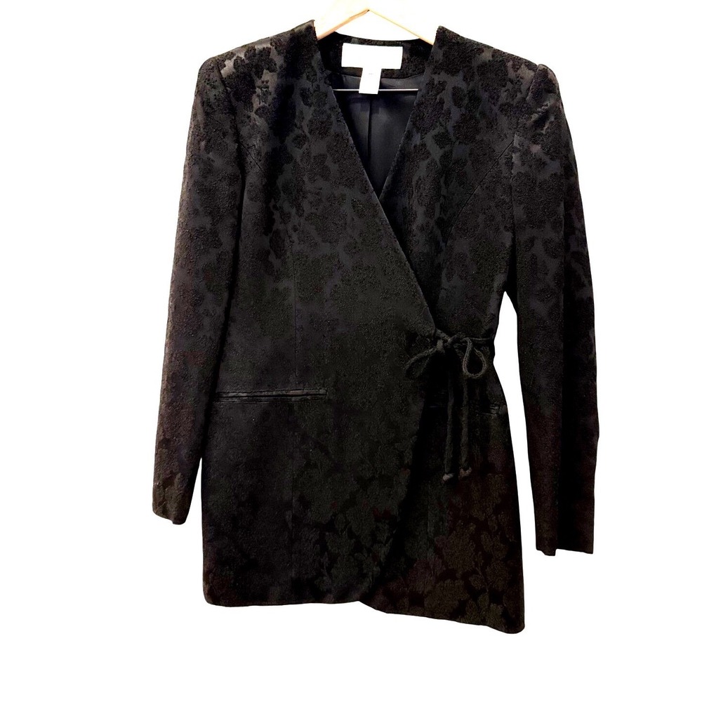 Vintage Rena Rowan Black Floral Jacquard Wrap Blazer Jacket 4P Career Romantic - Picture 1 of 9